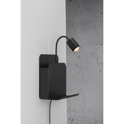 Nordlux - Nástěnné bodové svítidlo s poličkou a USB ROOMI 1xGU10/8W/230V černá