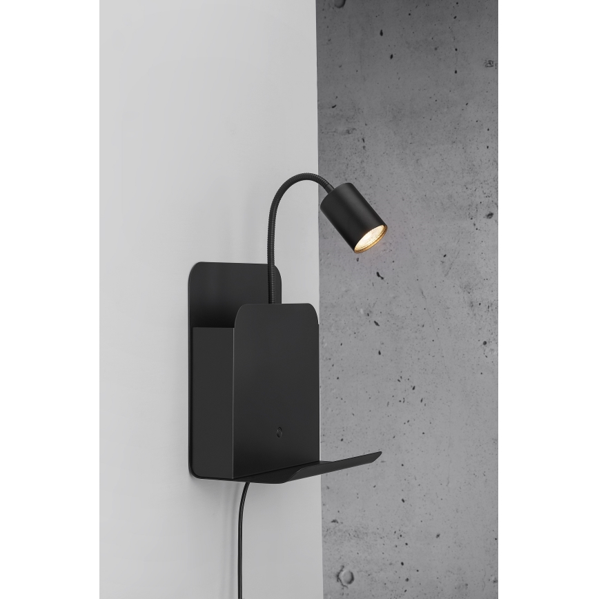 Nordlux - Nástěnné bodové svítidlo s poličkou a USB ROOMI 1xGU10/8W/230V černá