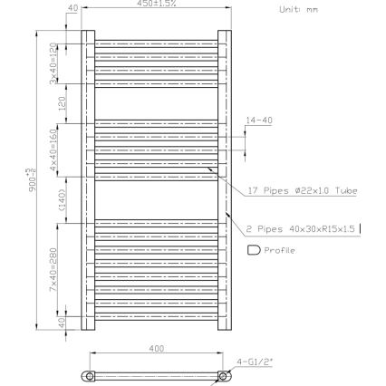 Novaservis - Koupelnový žebříkový radiátor 365W/230V 90x45 cm bílá rovný