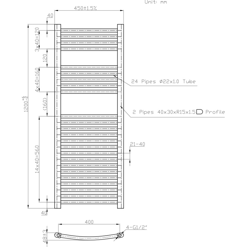Novaservis - Koupelnový žebříkový radiátor 490W/230V 120x45 cm bílá oblý