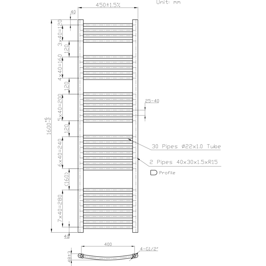 Novaservis - Koupelnový žebříkový radiátor 648W/230V 160x45 cm bílá oblý