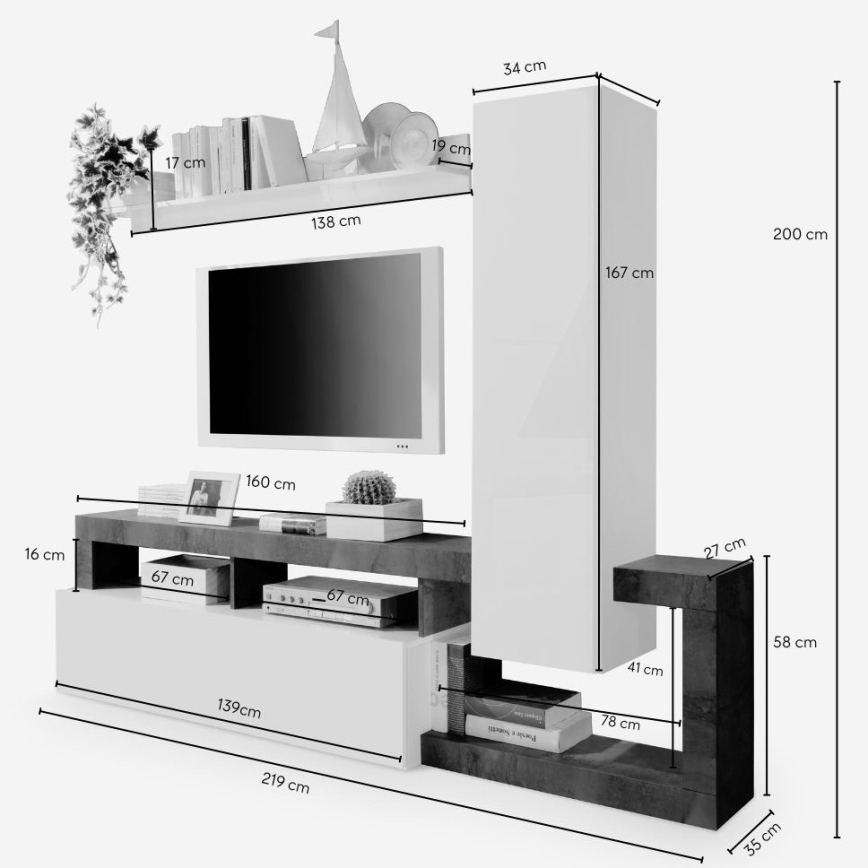 Obývací stěna LENOR bílá/šedá beton