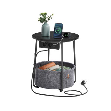 Odkládací stolek s vestavěnými zásuvkami a USB porty NOIRA 45 cm šedá/černá