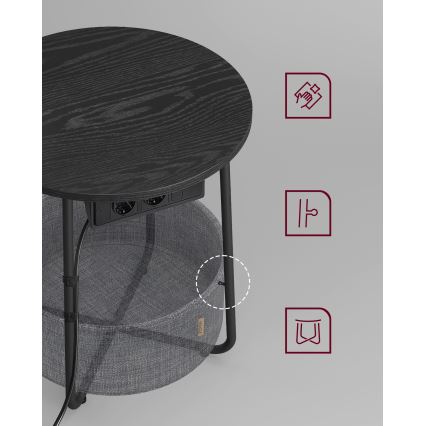 Odkládací stolek s vestavěnými zásuvkami a USB porty NOIRA 45 cm šedá/černá