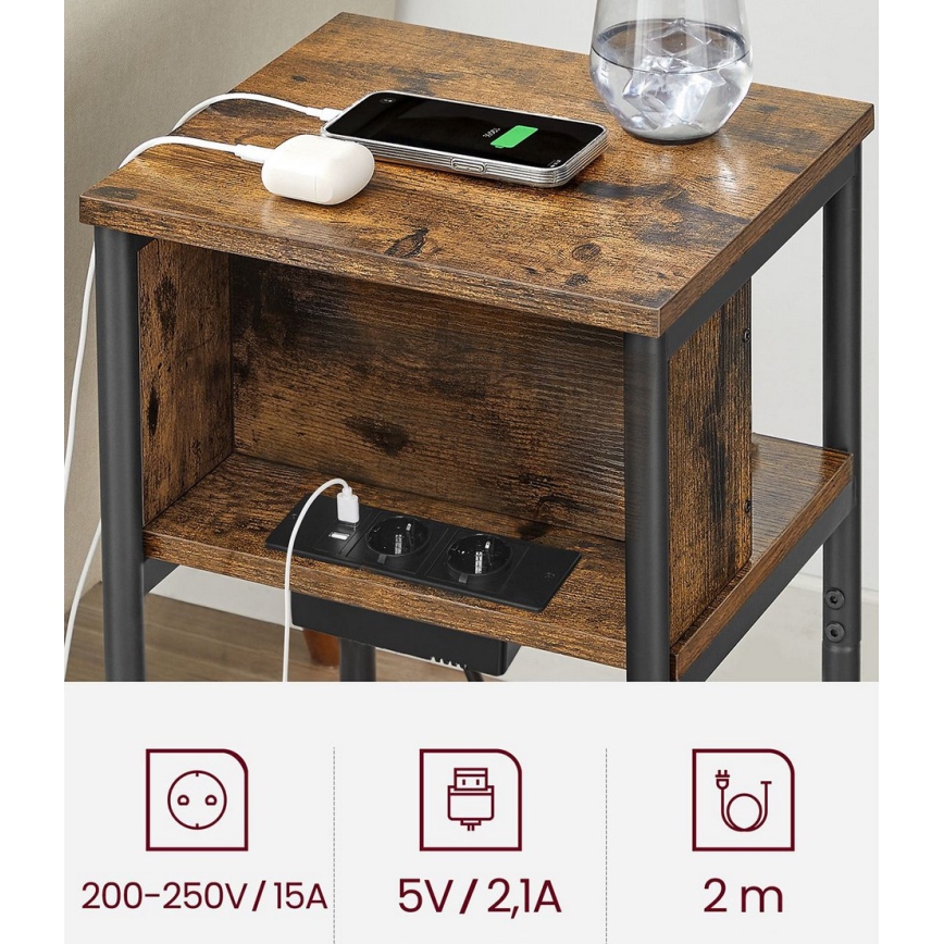Odkládací stolek s vestavěnými zásuvkami a USB porty ROD 34x30 cm hnědá/černá
