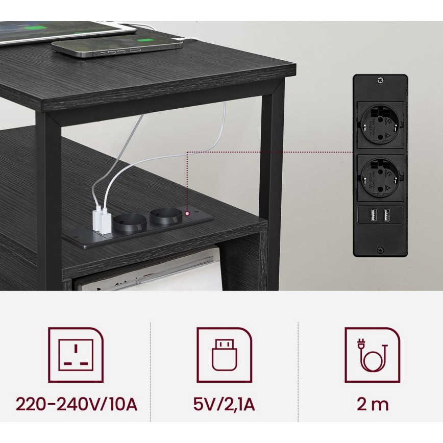 Odkládací stolek s vestavěnými zásuvkami a USB porty ROD 60x35 cm černá