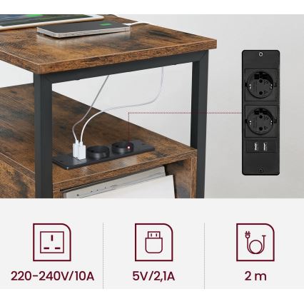 Odkládací stolek s vestavěnými zásuvkami a USB porty ROD 65x35 cm hnědá/černá
