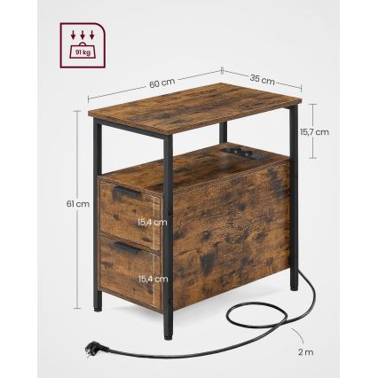 Odkládací stolek s vestavěnými zásuvkami a USB porty ROD 65x35 cm hnědá/černá