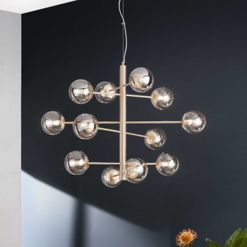 Ondaluce - Lustr na lanku ELISEO 12xE14/10W/230V pr. 97 cm zlatá/kouřová béžová