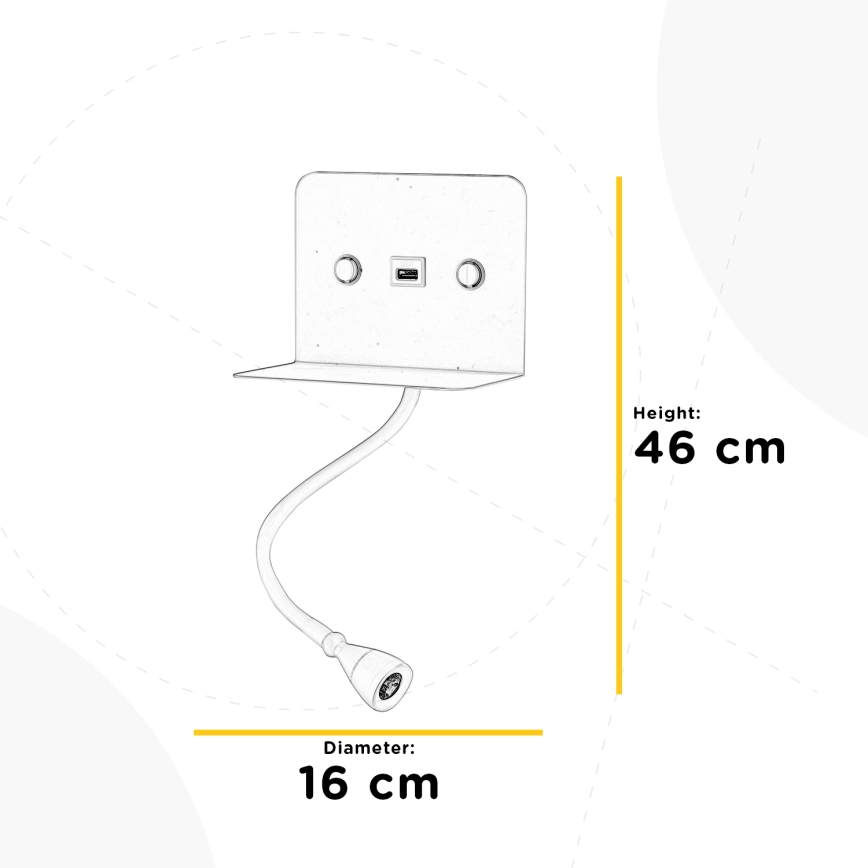 ONLI - LED Flexibilní lampička s policí a USB nabíjením PLAK LED/5W/230V bílá