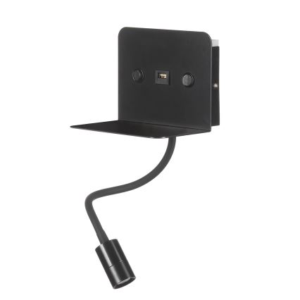 ONLI - LED Flexibilní lampička s policí a USB nabíjením PLAK LED/5W/230V černá