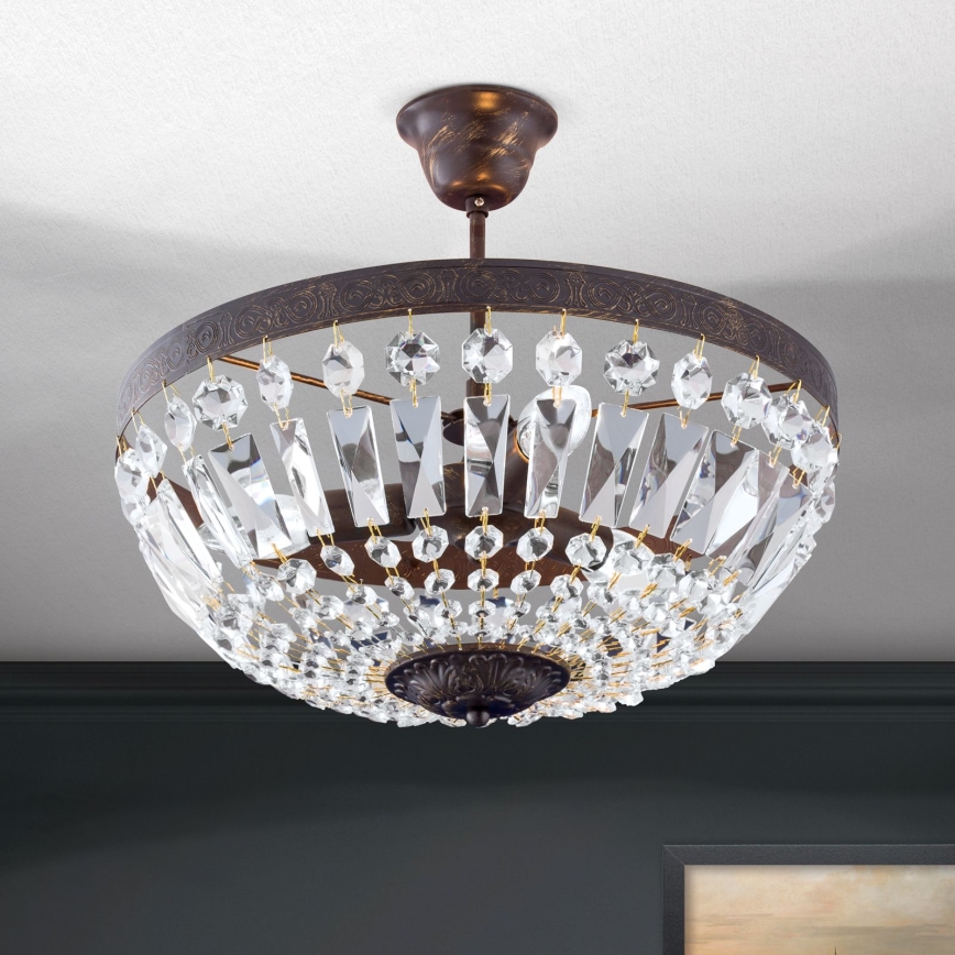 Křišťálový lustr na tyči ARILA 3xE14/40W/230V pr. 40 cm hnědá/patina