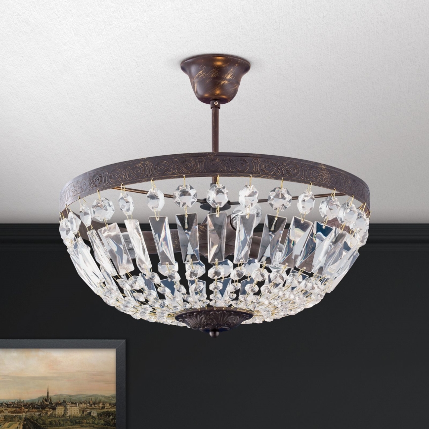 Křišťálový lustr na tyči ARILA 3xE14/40W/230V pr. 40 cm hnědá/patina