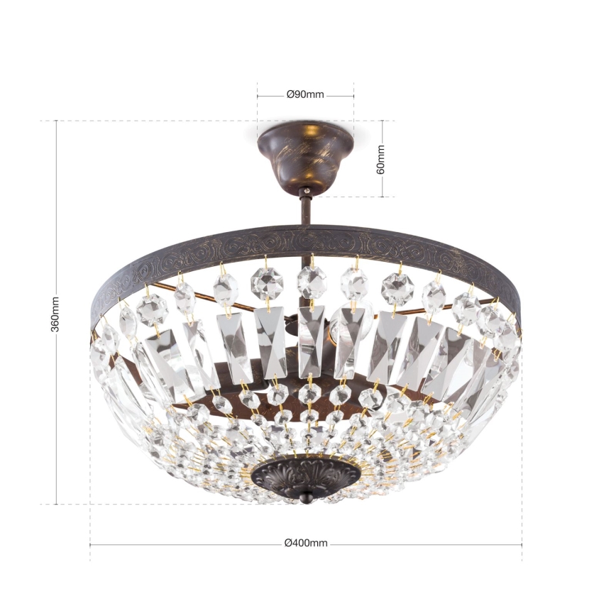 Křišťálový lustr na tyči ARILA 3xE14/40W/230V pr. 40 cm hnědá/patina