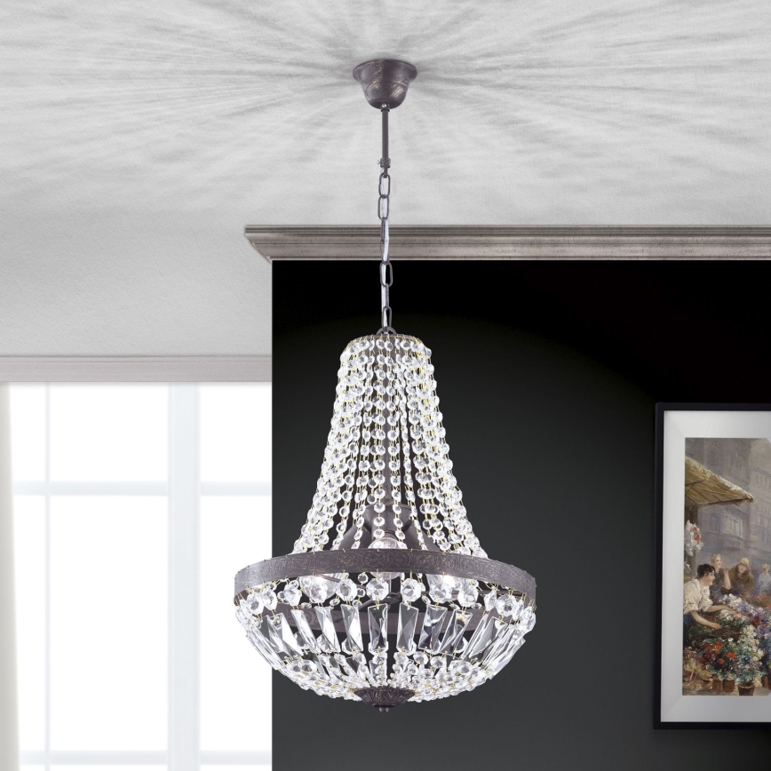 Křišťálový lustr na řetězu ARILA 3xE27/60W/230V pr. 40 cm hnědá/patina