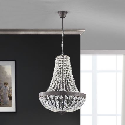 Křišťálový lustr na řetězu ARILA 3xE27/60W/230V pr. 40 cm hnědá/patina