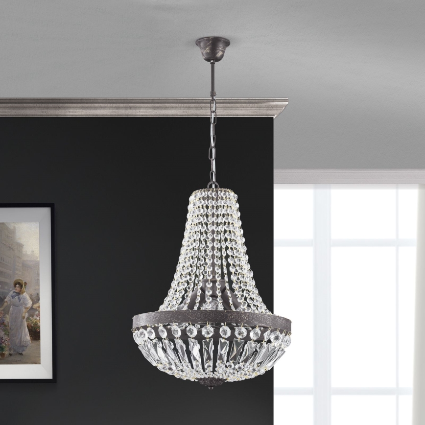 Křišťálový lustr na řetězu ARILA 3xE27/60W/230V pr. 40 cm hnědá/patina