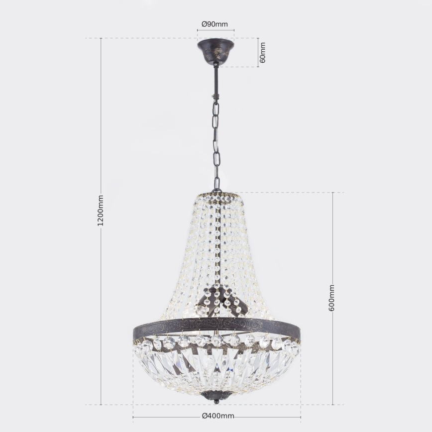 Křišťálový lustr na řetězu ARILA 3xE27/60W/230V pr. 40 cm hnědá/patina