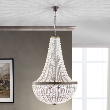 Křišťálový lustr na řetězu ARILA 6xE27/60W/230V pr. 60 cm hnědá/patina
