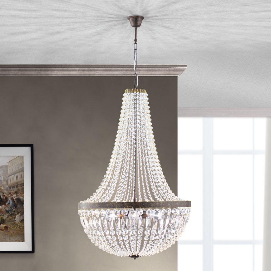 Křišťálový lustr na řetězu ARILA 6xE27/60W/230V pr. 60 cm hnědá/patina