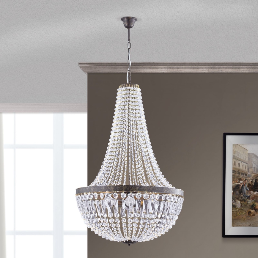 Křišťálový lustr na řetězu ARILA 6xE27/60W/230V pr. 60 cm hnědá/patina