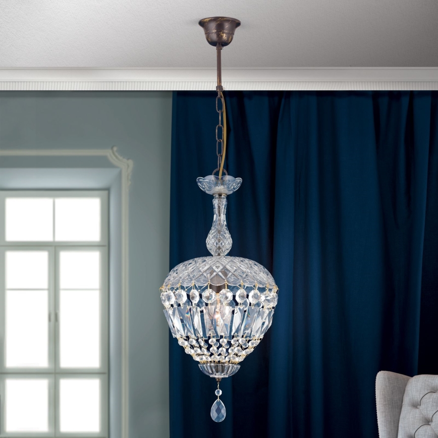 Křišťálový lustr na řetězu ARILA 1xE27/60W/230V pr. 25 cm hnědá/patina