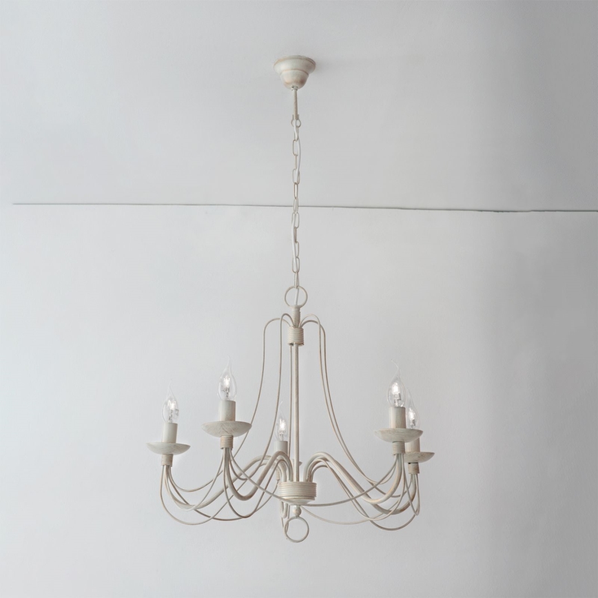 Lustr na řetězu VELA 5xE14/40W/230V pr. 60 cm bílá/zlatá/patina