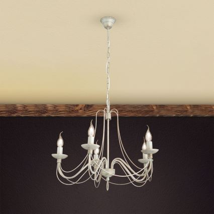 Lustr na řetězu VELA 5xE14/40W/230V pr. 60 cm bílá/zlatá/patina