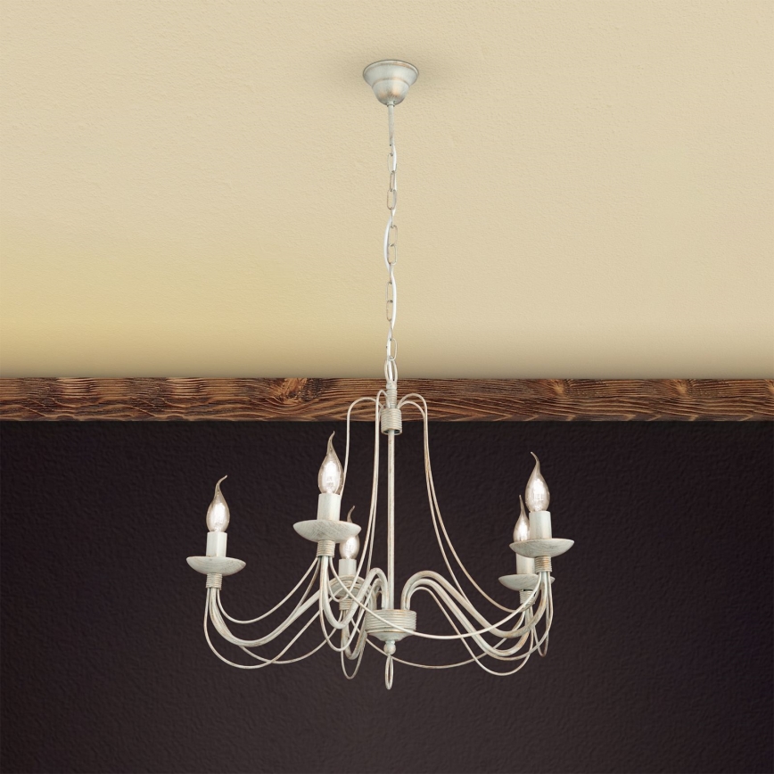 Lustr na řetězu VELA 5xE14/40W/230V pr. 60 cm bílá/zlatá/patina