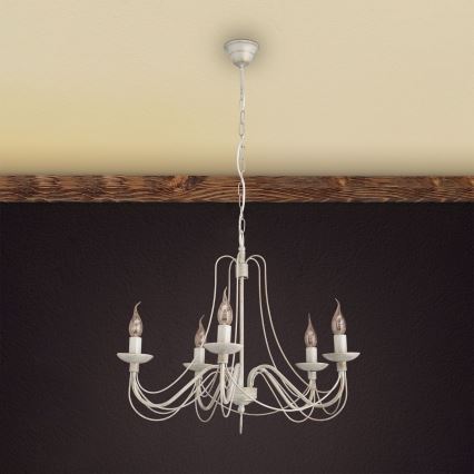 Lustr na řetězu VELA 5xE14/40W/230V pr. 60 cm bílá/zlatá/patina