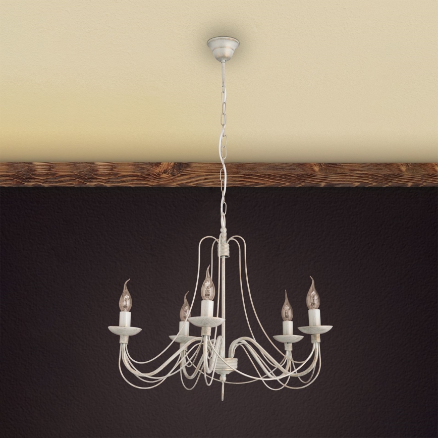Lustr na řetězu VELA 5xE14/40W/230V pr. 60 cm bílá/zlatá/patina
