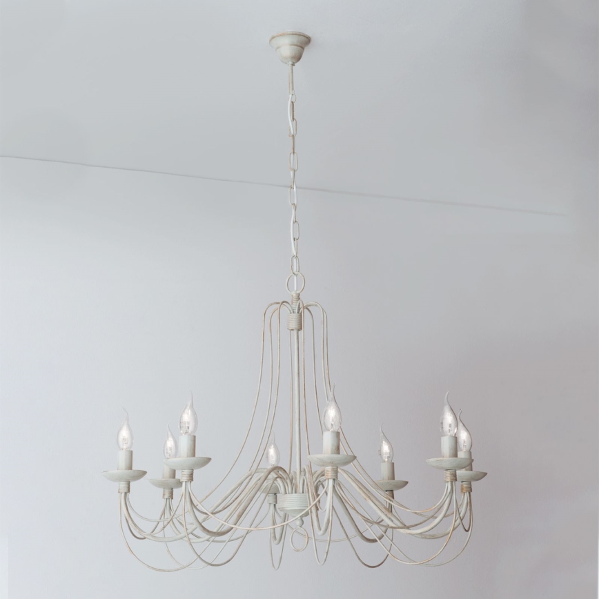 Lustr na řetězu VELA 8xE14/40W/230V pr. 80 cm bílá/zlatá/patina