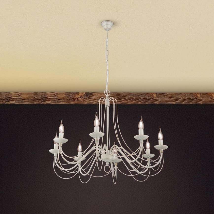 Lustr na řetězu VELA 8xE14/40W/230V pr. 80 cm bílá/zlatá/patina