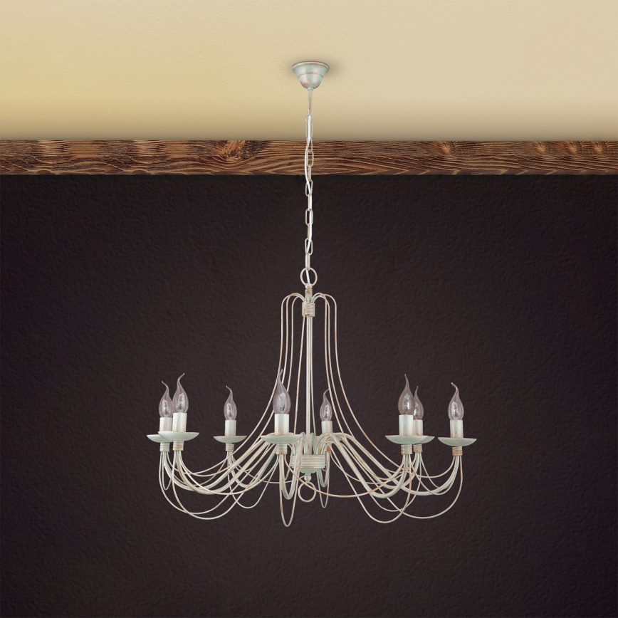 Lustr na řetězu VELA 8xE14/40W/230V pr. 80 cm bílá/zlatá/patina