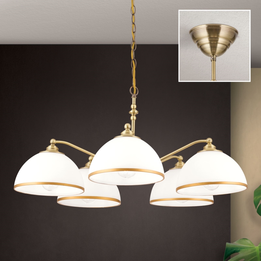 Lustr na řetězu OLD LAMP 5xE27/40W/230V pr. 75 cm bílá/mosaz