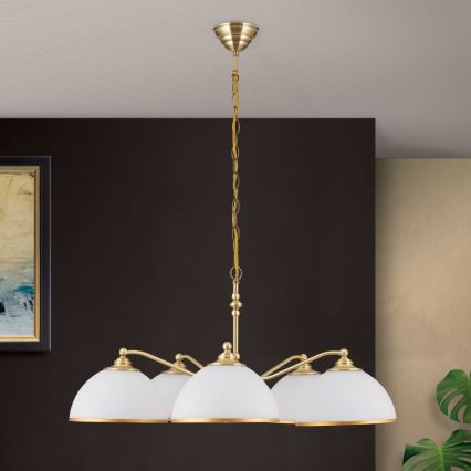 Lustr na řetězu OLD LAMP 5xE27/40W/230V pr. 75 cm bílá/mosaz
