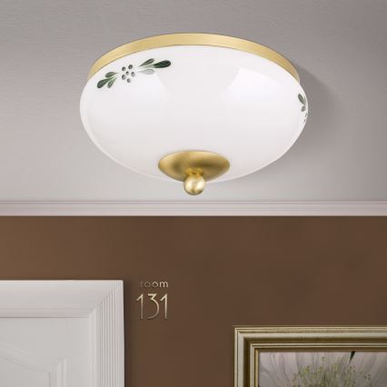 Stropní svítidlo LANDHAUS 1xE27/60W/230V pr. 21 cm mosaz/bílá/zelená