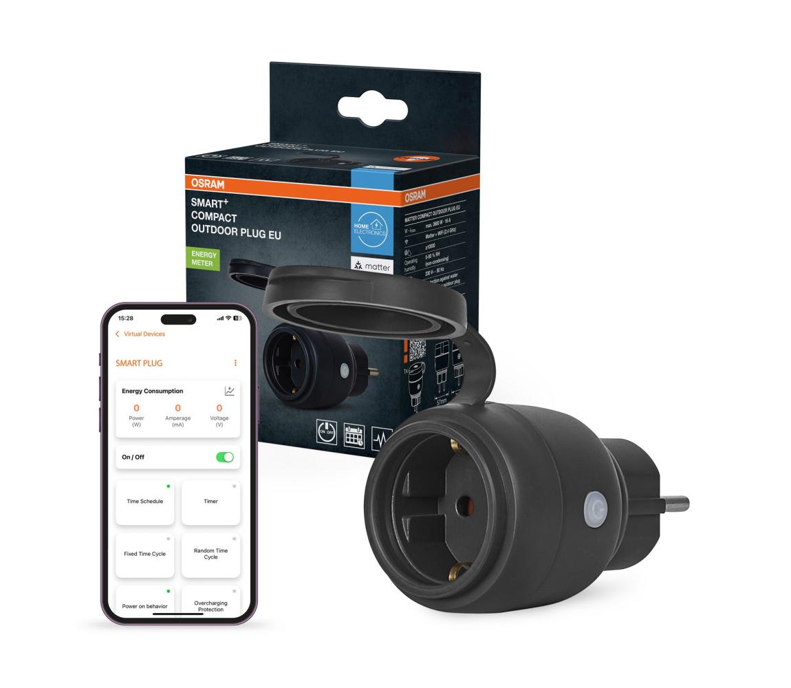 Osram - Chytrá venkovní zásuvka SMART+ MATTER SCHUKO 3680W/230V/16A IP44 Wi-Fi 4099854419249 Černá