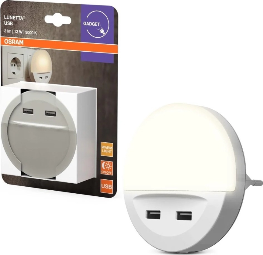 Osram - LED Noční svítidlo do zásuvky se senzorem LUNETTA 2xUSB LED/13W/230V