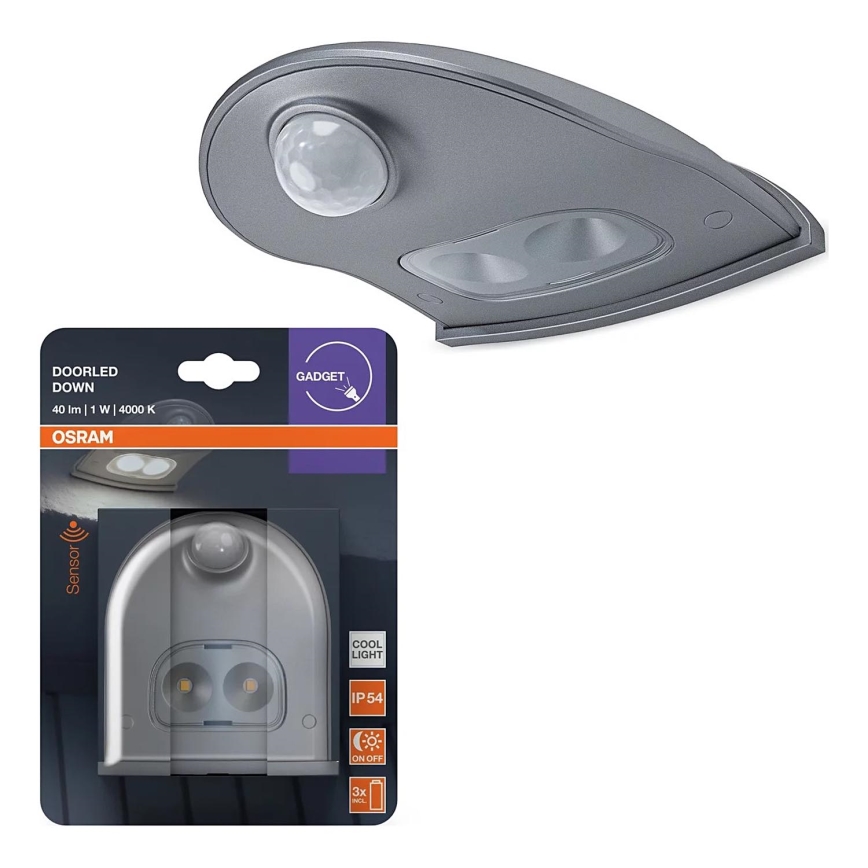 Osram - LED Venkovní nástěnné svítidlo se senzorem DOORLED LED/0,5W/3xAA IP54 stříbrná