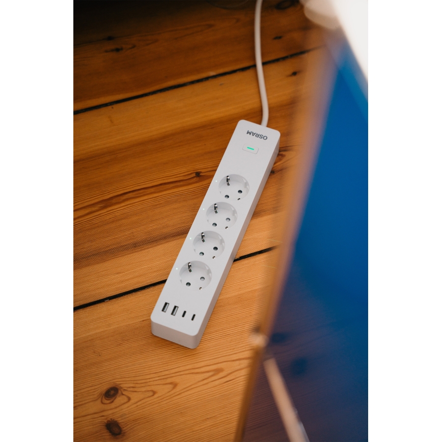 Osram - Prodlužovací kabel SMART+ 4Z typ F + 2xUSB-A + 2xUSB-C Wi-Fi