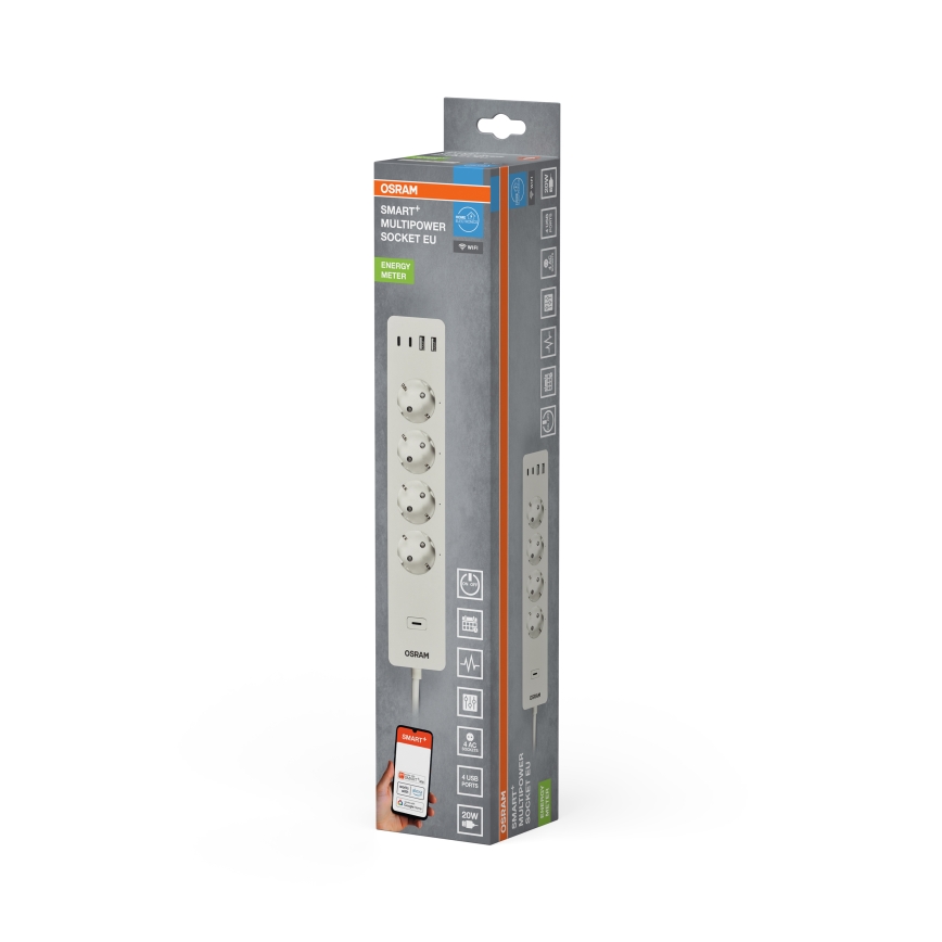 Osram - Prodlužovací kabel SMART+ 4Z typ F + 2xUSB-A + 2xUSB-C Wi-Fi