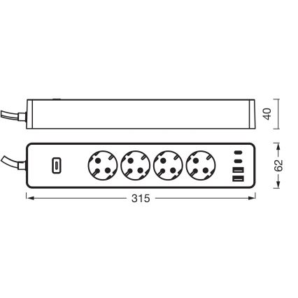 Osram - Prodlužovací kabel SMART+ 4Z typ F + 2xUSB-A + 2xUSB-C Wi-Fi