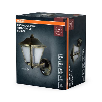 Osram - Venkovní nástěnná lampa se senzorem TRADITION UP 1xE27/60W/230V IP44 patina/zlatá