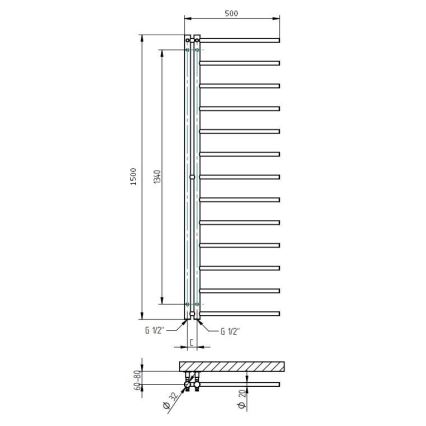 P.M.H. AP2C-L - Koupelnový žebříkový radiátor APOLLO 219W 150 cm levá/lesklý chrom