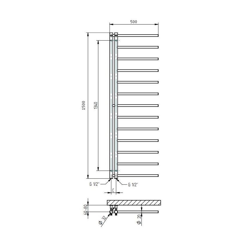 P.M.H. AP2C-L - Koupelnový žebříkový radiátor APOLLO 219W 150 cm levá/lesklý chrom