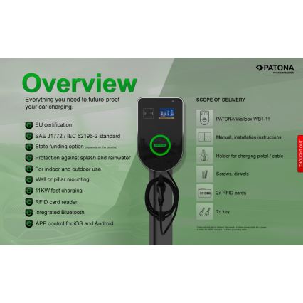 PATONA - Nabíjecí stanice s LCD displejem pro elektromobily 11kW/400V/16A IP54