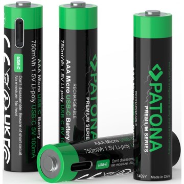 PATONA - SADA 4x Baterie AAA/LR03 Li-Pol 500mAh 1,5V s USB-C nabíjením