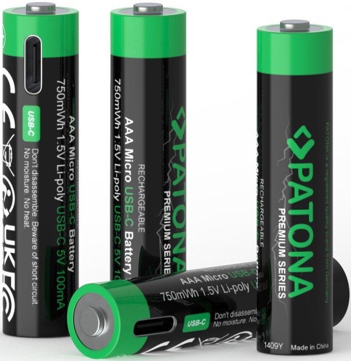 PATONA - SADA 4x Baterie AAA/LR03 Li-Pol 500mAh 1,5V s USB-C nabíjením