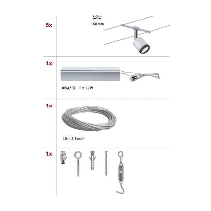 Paulmann 3981 - SADA 5xLED/4W Kompletní lankový systém TUBE 230V matný chrom/černá
